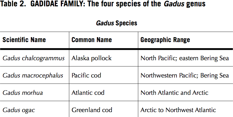 Pictured: a chart outlining the scientific names and common names of the four species of the Gadus genus. The four species are the Alaska pollock, the Pacific cod, the Atlantic cod, and the Greenland cod.